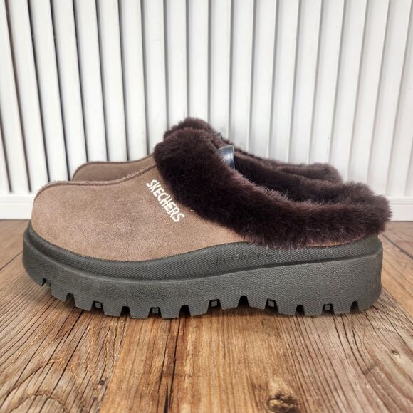 Skechers Shindigs Fortress Womens Size 6 Brown Suede Faux Fur Slip On Clog Shoes - Picture 3 of 9